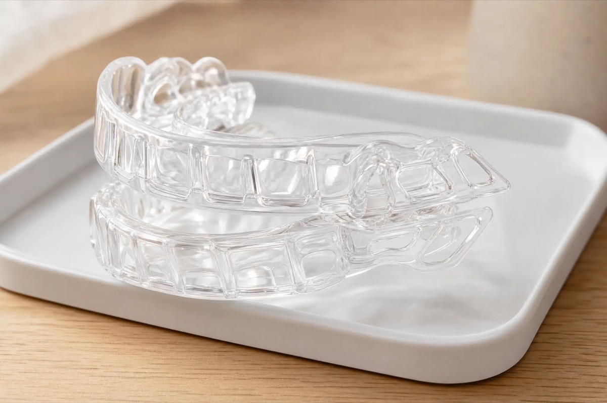 A rigid one-piece clear mandibular advancement appliance on a tray