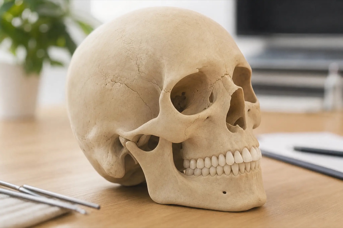An anatomical skull model showing the temporomandibular joint