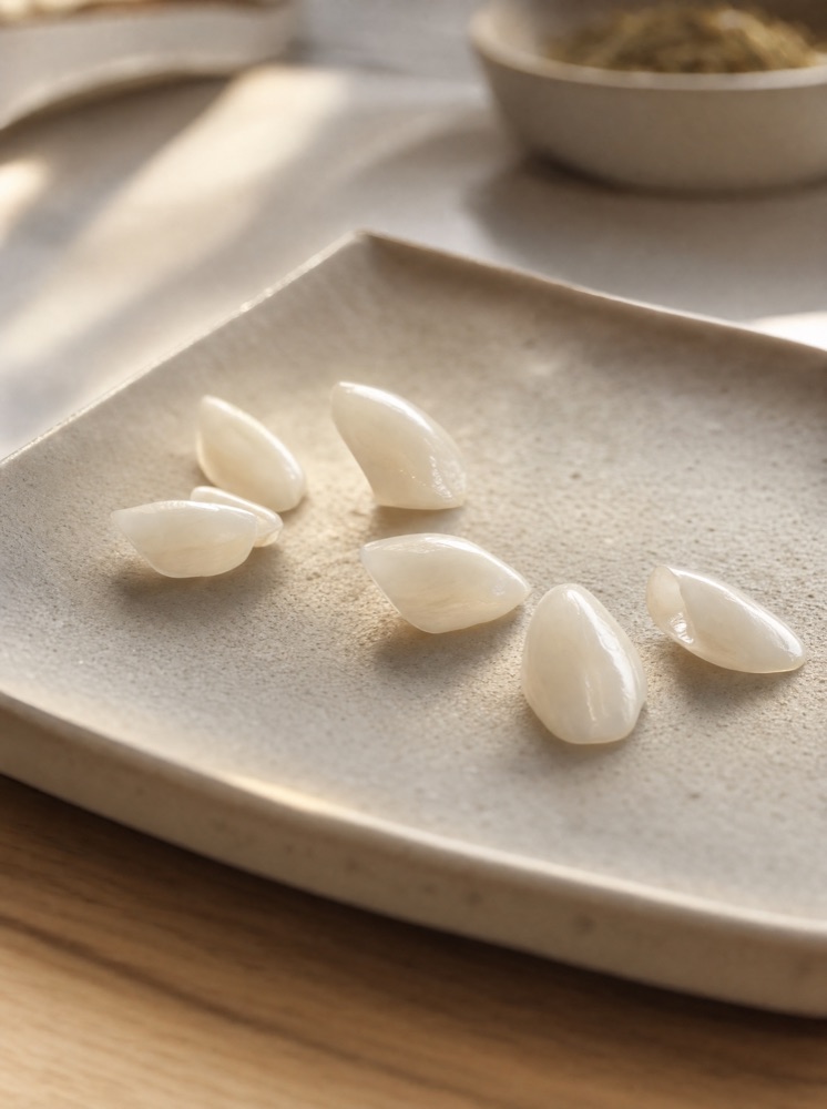 Thin porcelain veneer shells arranged on a tray